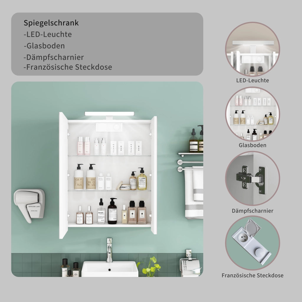Mobile con specchio con 2 ante asimmetriche; ripiani in vetro regolabili; LED e presa integrata per bagno; bianco