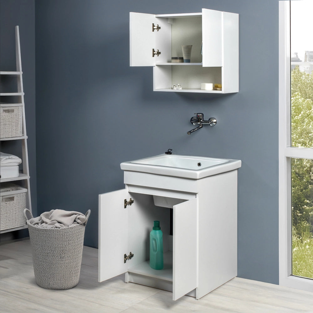 Mobile lavatoio 61x50 cm bianco opaco con vasca in ceramica e strofinatoio