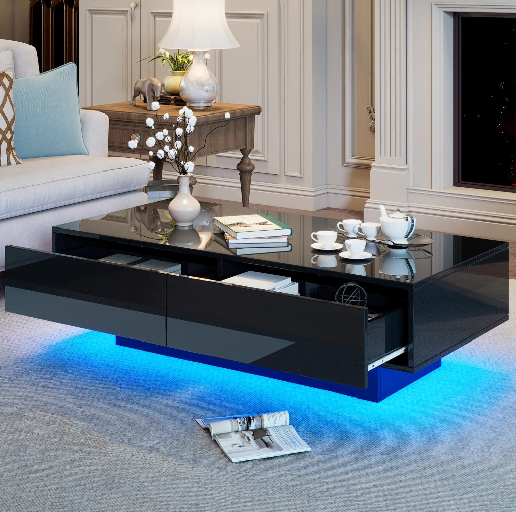 Tavolino da caffè moderno nero lucido 115 x 55 x 34 cm con 2 cassetti e LED