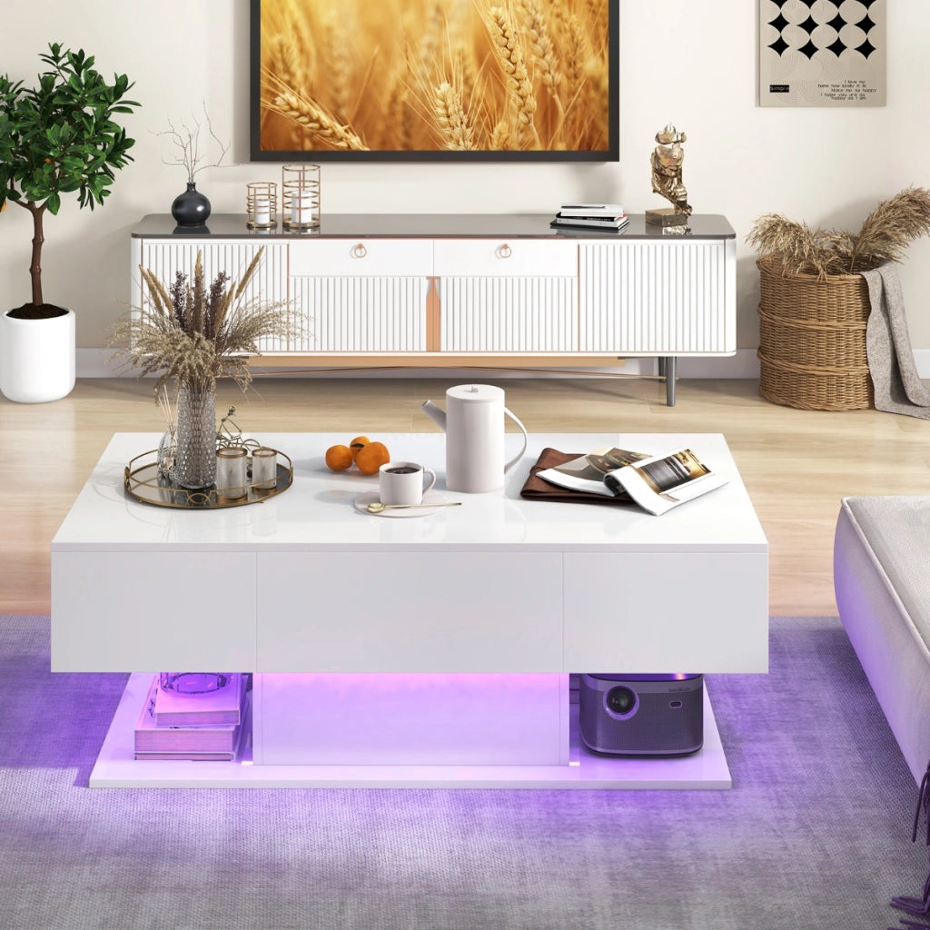 Tavolino da caff¨¨ moderno con 20 luci LED a colori e 2 cassetti portaoggetti, Tavolino d'accento a 2 piani Bianco-Tavolini da salotto