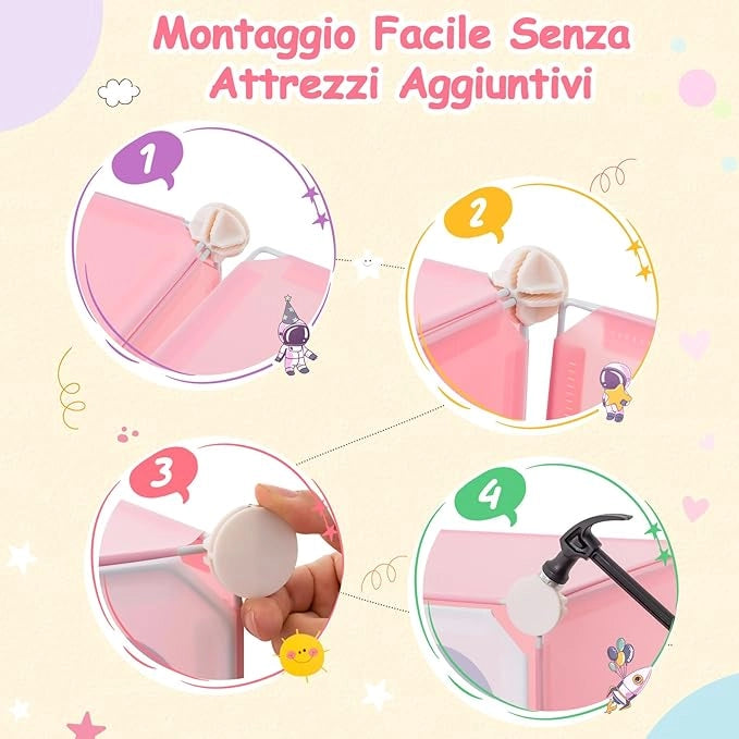 Portatile Guardaroba per Bambini, Armadio Guardaroba Modulare per Bambini con 2 Barre Appendiabiti, per Cameretta Camera da Letto, 107 x 36 x 142 cm (Rosa)