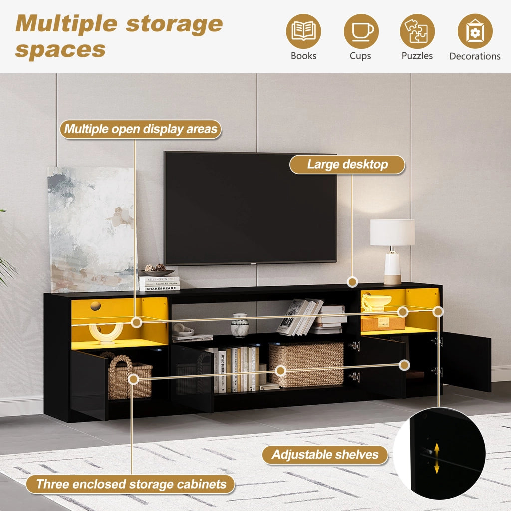 Mobile porta TV con LED, 4 ante, 8 vani e 2 ripiani in vetro temperato per soggiorno, nero, 180 × 35 × 60 cm
