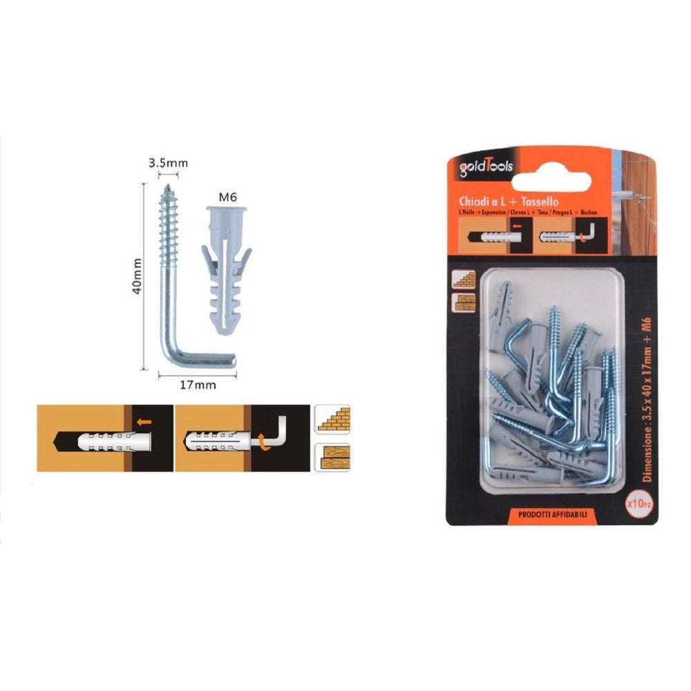 Trade Shop - Set 10 Pezzi Chiodi Viti A L 3.5x40x17mm + Tasselli Con Alette Tassello M6 90799 -
