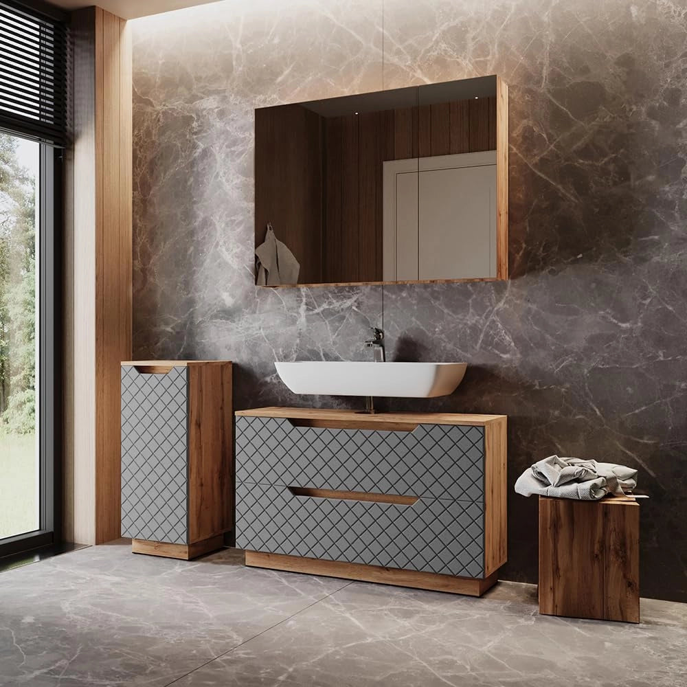 Set di mobili da bagno Lotta, Rovere/grigio con struttura in piastrelle, 3 parti
