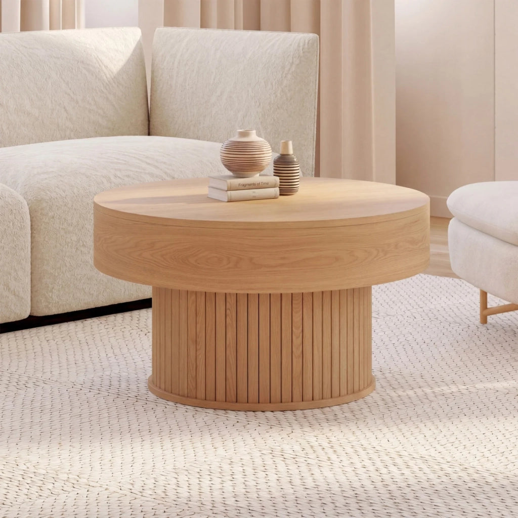 IDMarket - Tavolino rotondo alzabile JULIETTE 70 cm con doghe in legno color rovere