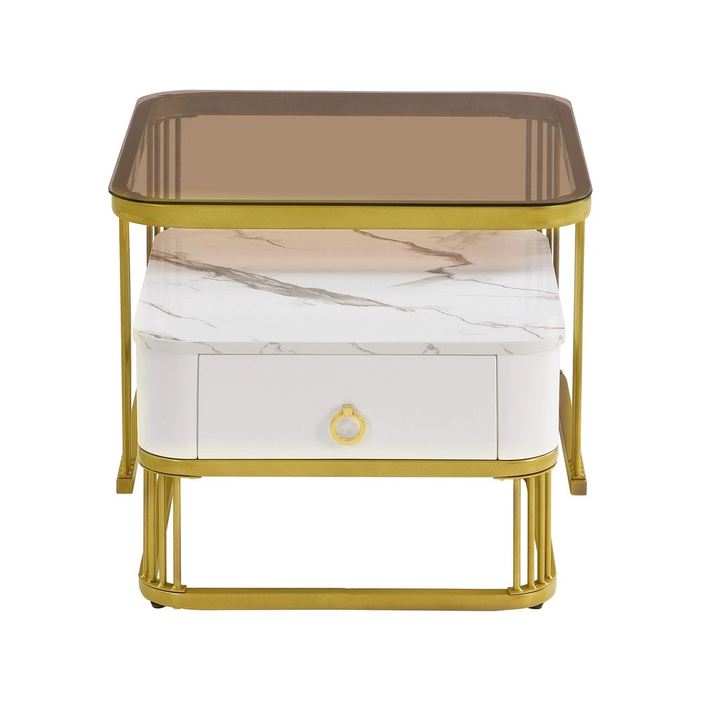 Tavolino da Caff¨¨ Impilabile Set 2 Pezzi ¨C MINIMAL ¨C Effetto Marmo, Vetro Temperato, Cassetti, Gambe Oro