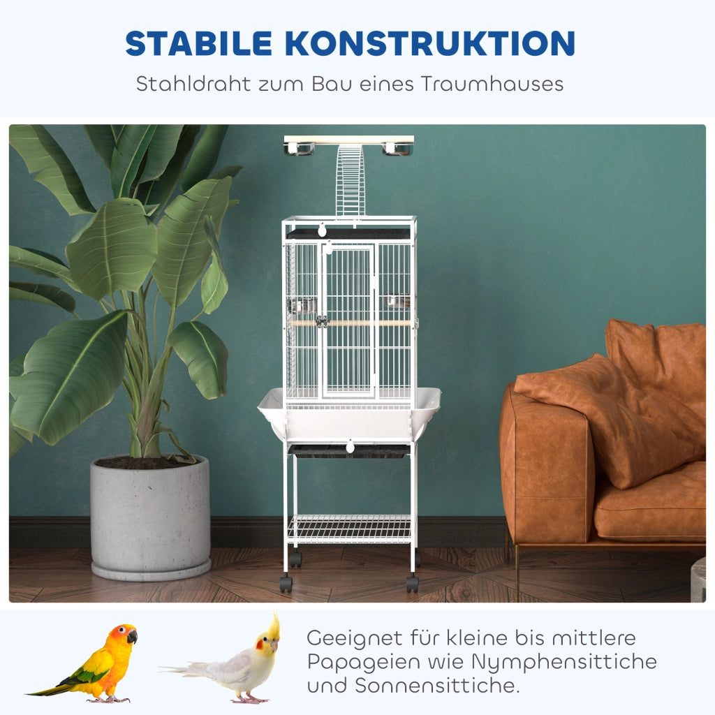 Gabbia per Uccelli con Ruote ¨C Xylo ¨C 3 Porte, 2 Posatoi, 62.5x62.5x156cm, Bianco