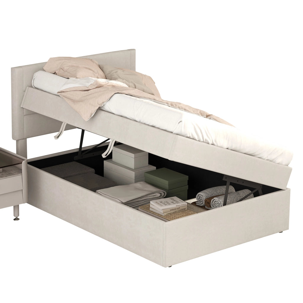 OKWISH Letto Singolo con Contenitore 90×200 cm con Ampio Spazio Contenitore e Testiera Imbottita, senza Materasso, Beige