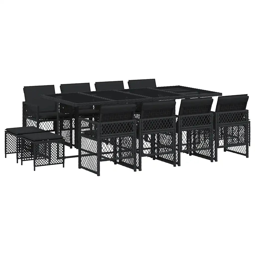 Set da Pranzo da Giardino 13pz con Cuscini Nero in Polyrattan
