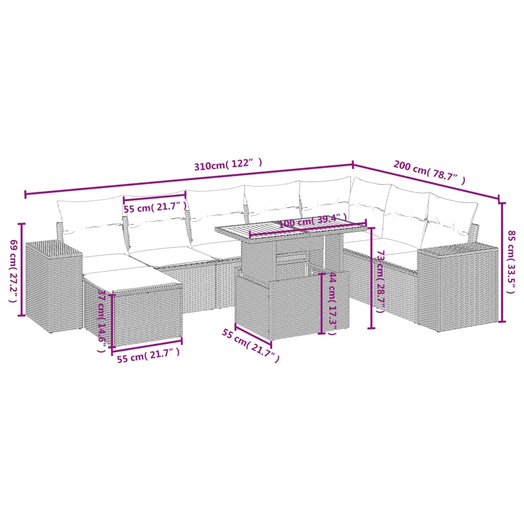 Set Divano da Giardino 9 pz con Cuscini Beige in Polyrattan