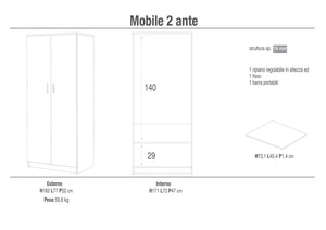Armadio 2 Ante 77x182x52 cm Bianco Lisco