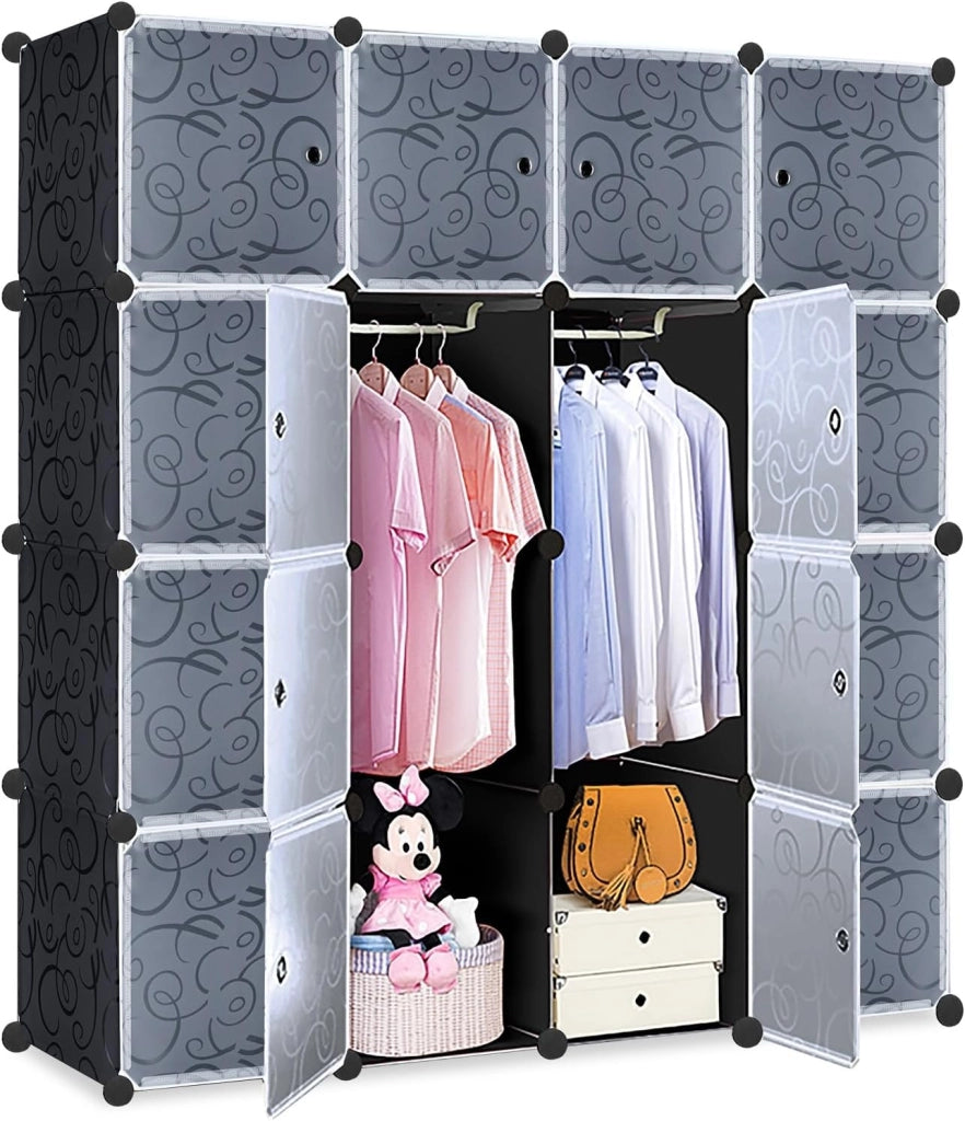 Armadio bianco con sistema di scaffalatura, 20 cubi, armadio guardaroba fai da te in plastica con porta, sistema di scaffalatura, 145 cm di larghezza