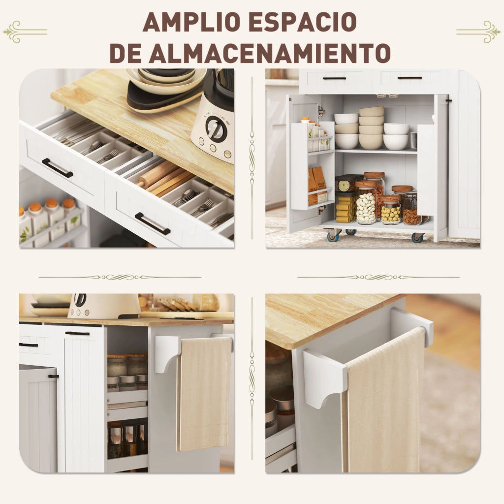 Tavolo da cucina mobile con ripiano pieghevole, 2 cassetti, porta spezie, attaccapanni e presa USB ¨C Zephmum ¨C Bianco 119.5x74x94.5 cm