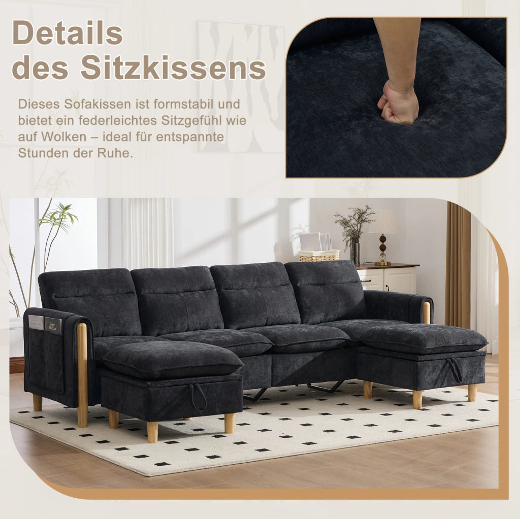 Divano modulare 4 posti a U con 2 pouf contenitore in ciniglia nero; 261x77x86 cm