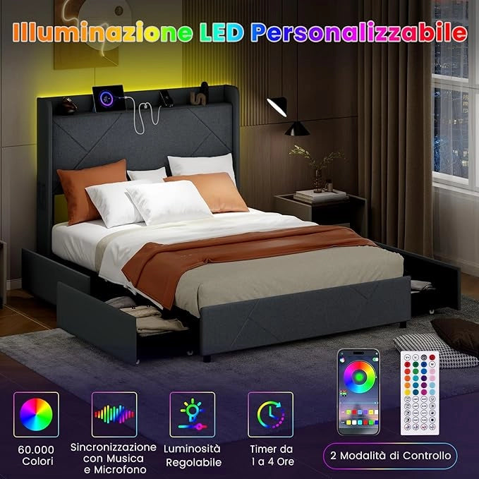 Telaio Letto Matrimoniale con Luci LED, Letto Imbottito con Stazione di Ricarica 2 Tasche di Stoccaggio e 4 Cassetti Scorrevoli, Testiera, Carico 500kg (140x200 cm)