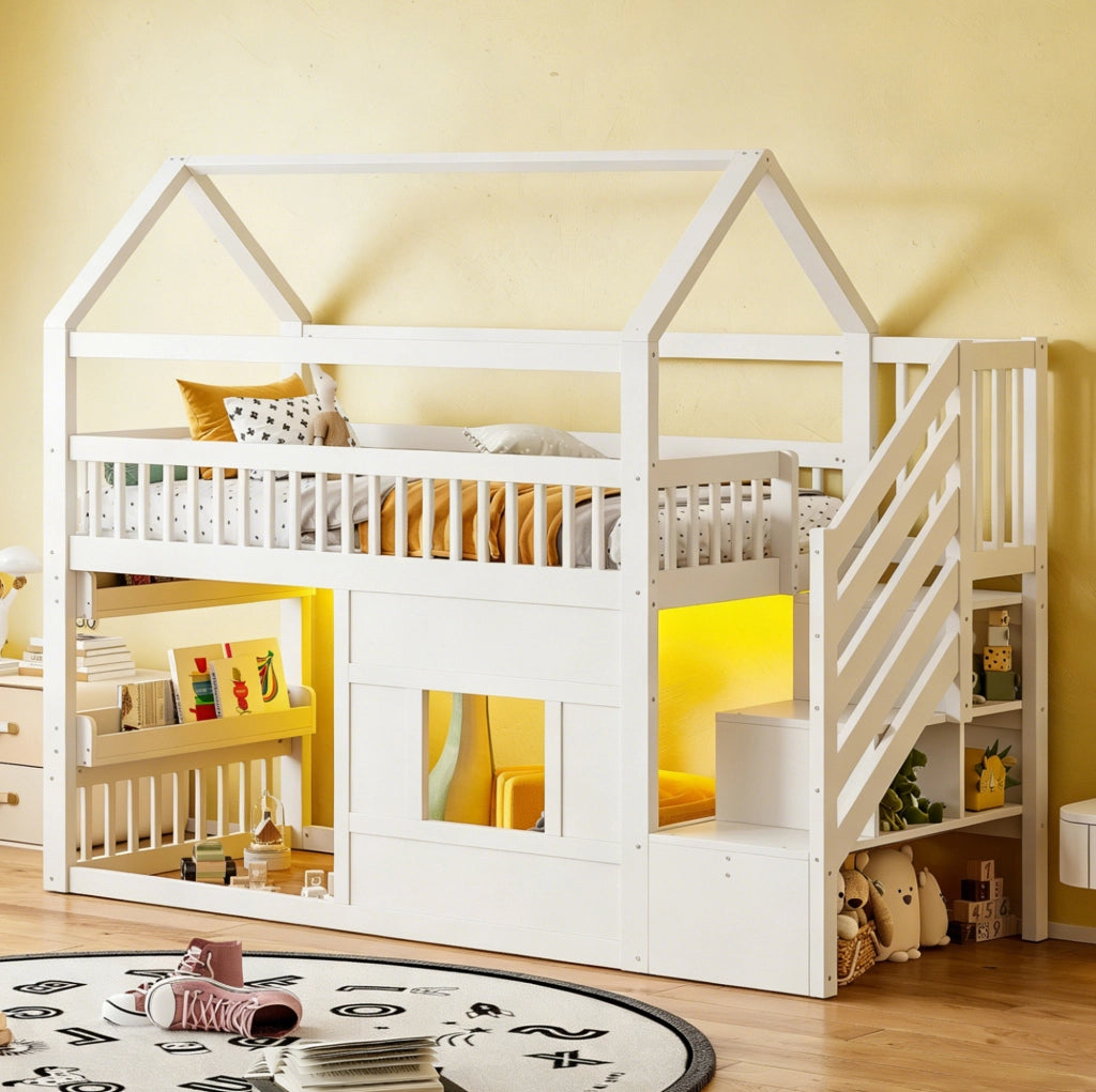 Letto a soppalco 90x200 cm con scala; vani portaoggetti e LED in MDF; legno e compensato bianco