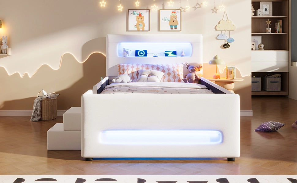 Letto imbottito con scala, cassetti, LED e USB, 90x200 cm, bianco