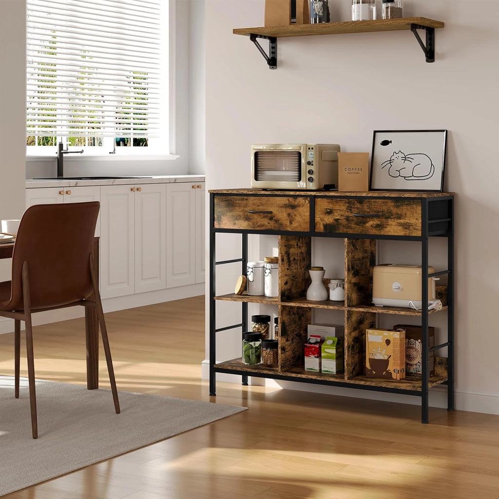 Libreria rustica marrone con 6 ripiani, 2 cassetti, struttura in metallo, autoportante, studio, soggiorno, camera da letto