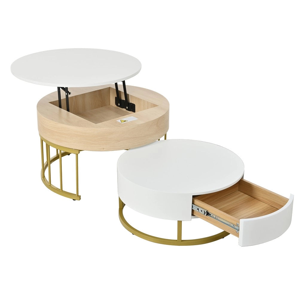 Tavolino da Caff¨¨ Rotondo Set 2 Pezzi ¨C MINIMAL ¨C Bianco Effetto Legno, MDF, Cassetto, Gambe Metallo Oro