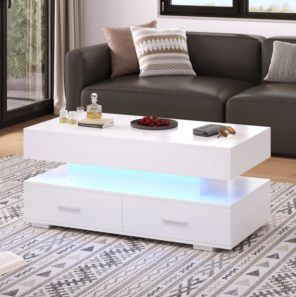 Tavolino da caffè idraulico bianco con LED, 2 cassetti, 100x50 cm