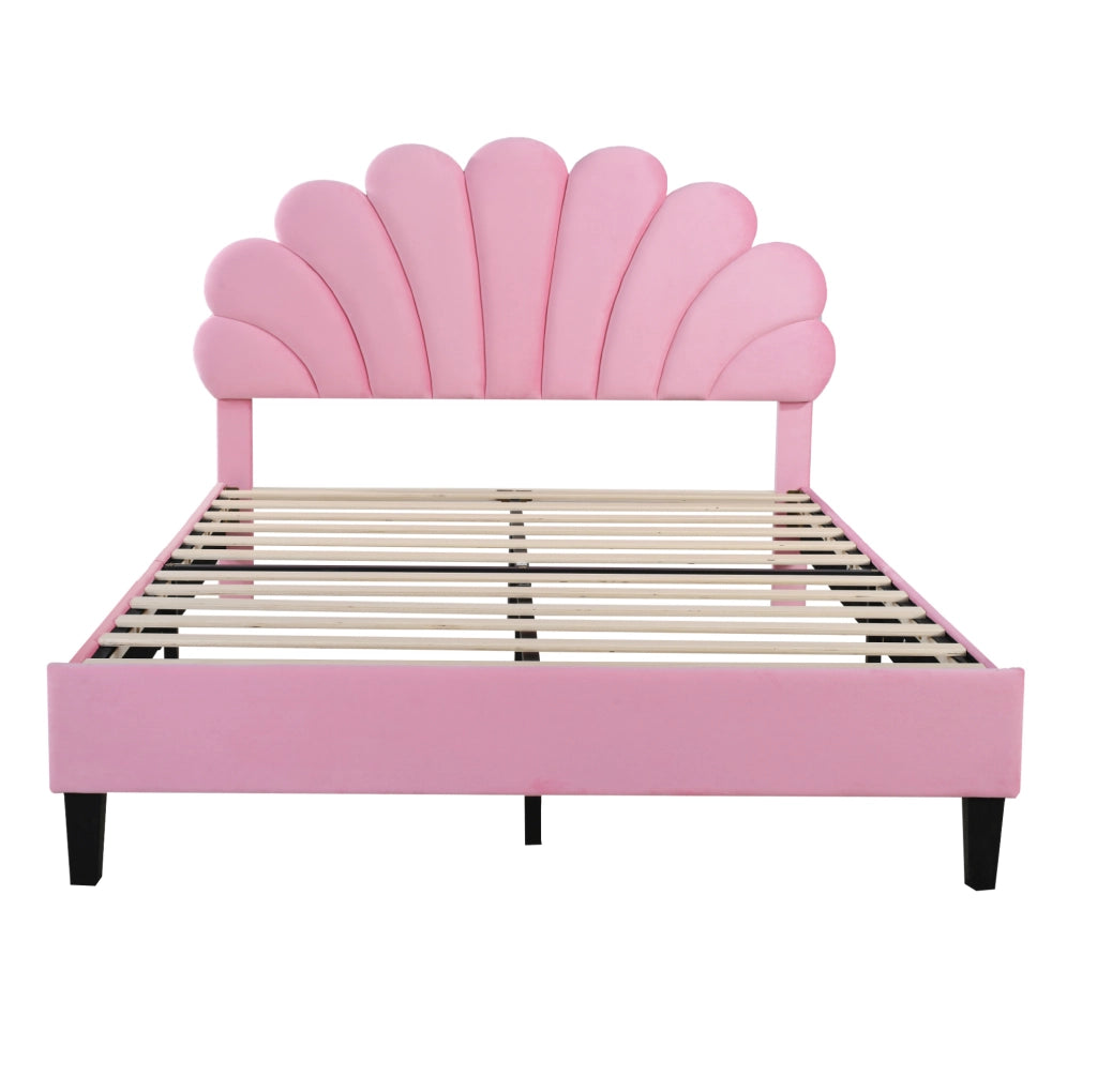 Letto matrimoniale imbottito 140x200 cm; testiera floreale; velluto rosa (Senza materasso)