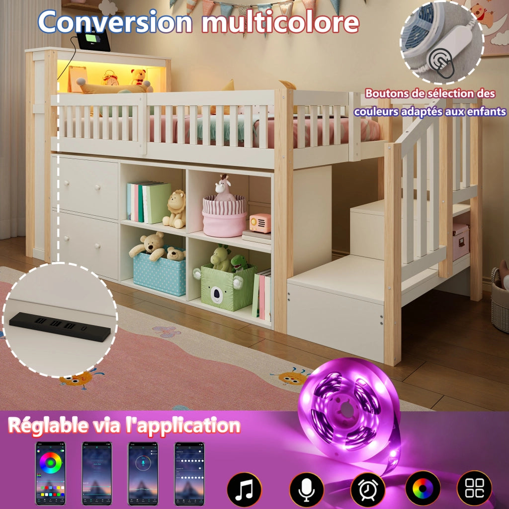 Letto rialzato per bambini 90x200 cm con cassetti; vani portaoggetti; scala contenitore e LED; bianco