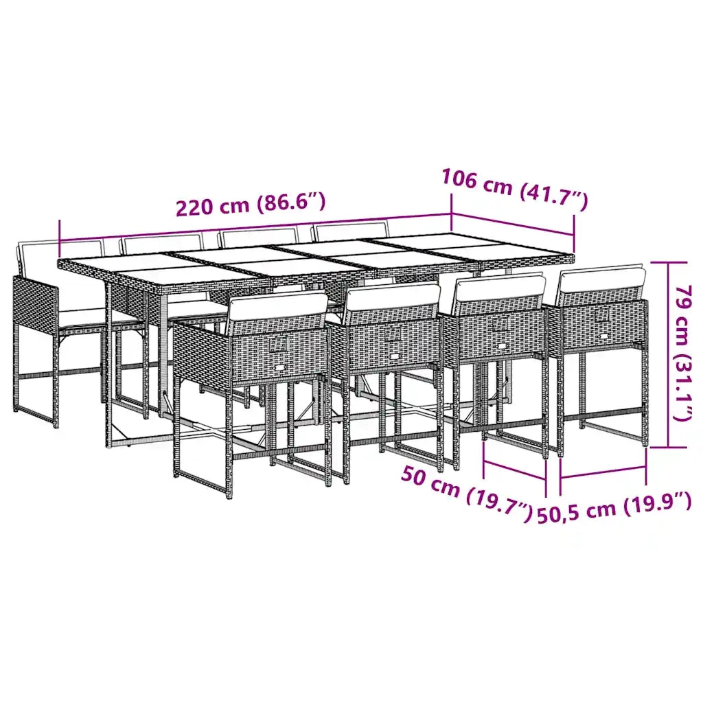 Set Pranzo da Giardino 9pz con Cuscini Grigio Chiaro Polyrattan