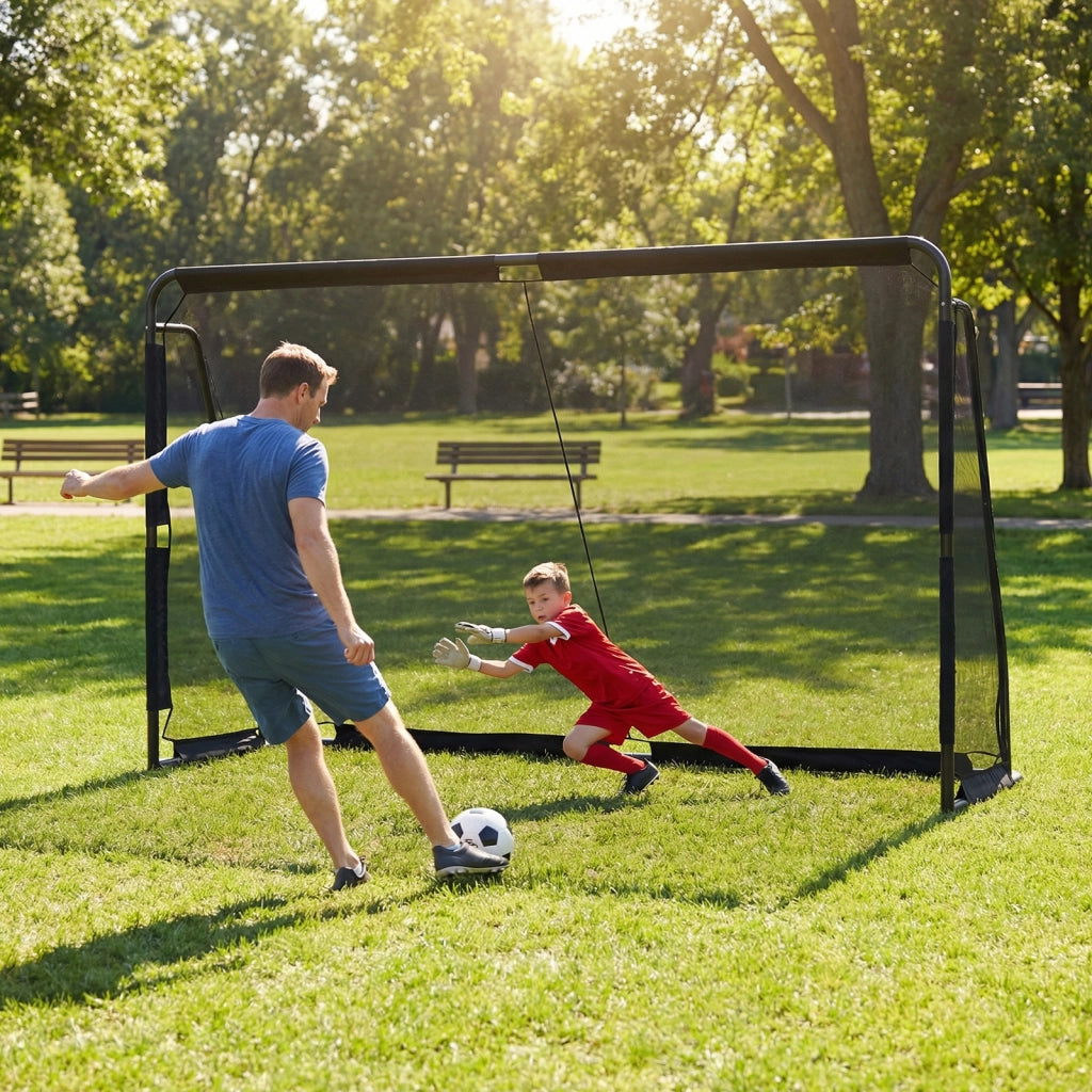 Porta calcio metallo struttura robusta rete pe impermeabile 8 picchetti, Porta calcio sistema montaggio pulsante attrezzatura allenamento aperto 300x200 cm