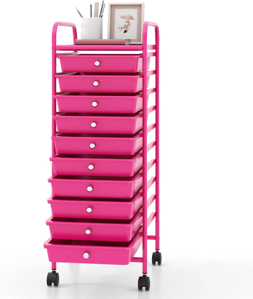 Carrello Portaoggetti con 10 Cassetti Impilabili, Struttura in Metallo e Ruote Bloccabili, Organizer Multiuso per Cucina e Ufficio