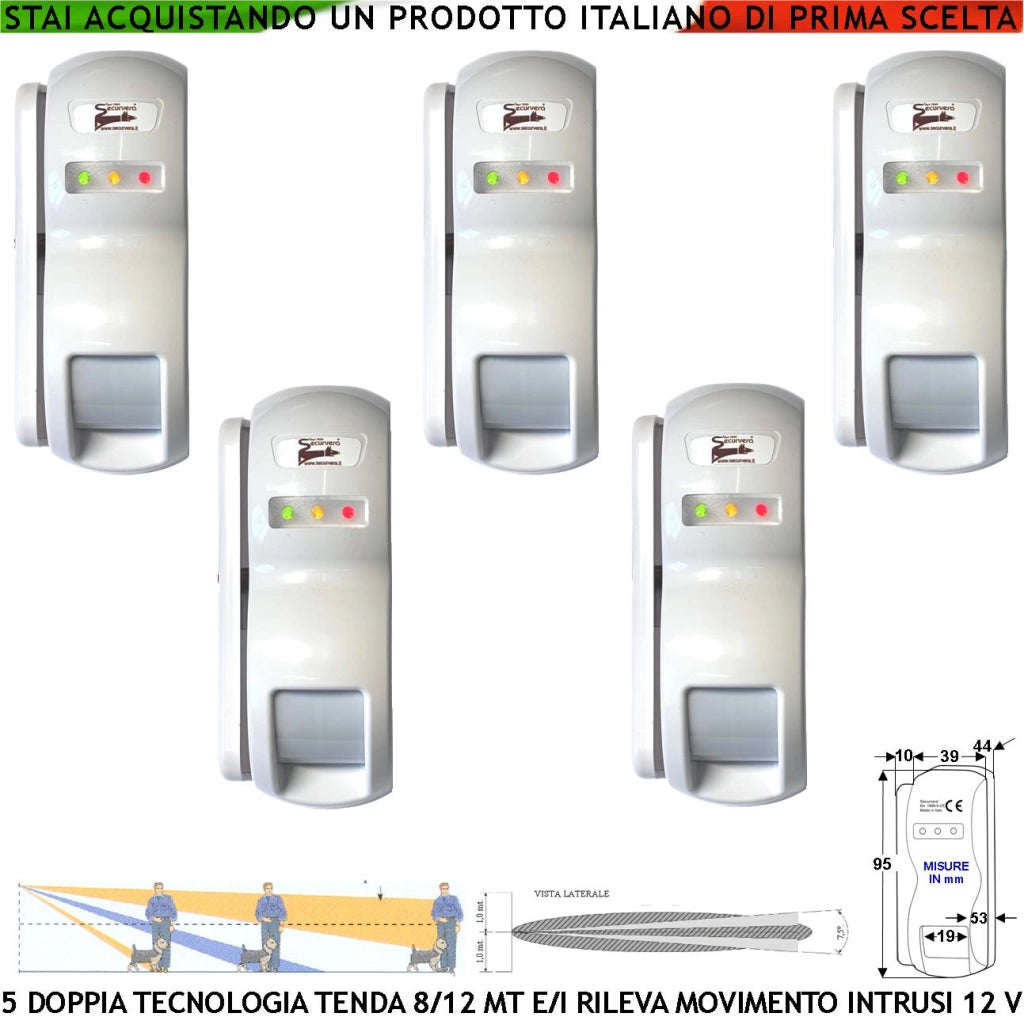Sensore di Movimento 5 Doppia Tecnologia Tenda Dual Pir e Micronda Portata 8/12 MT Rileva Ignoti Sia Esterno Che Interno e Invia Allarme Aliment. 12 V Assorbim. 10 mA Cover Staffa ABS Bianca IP31