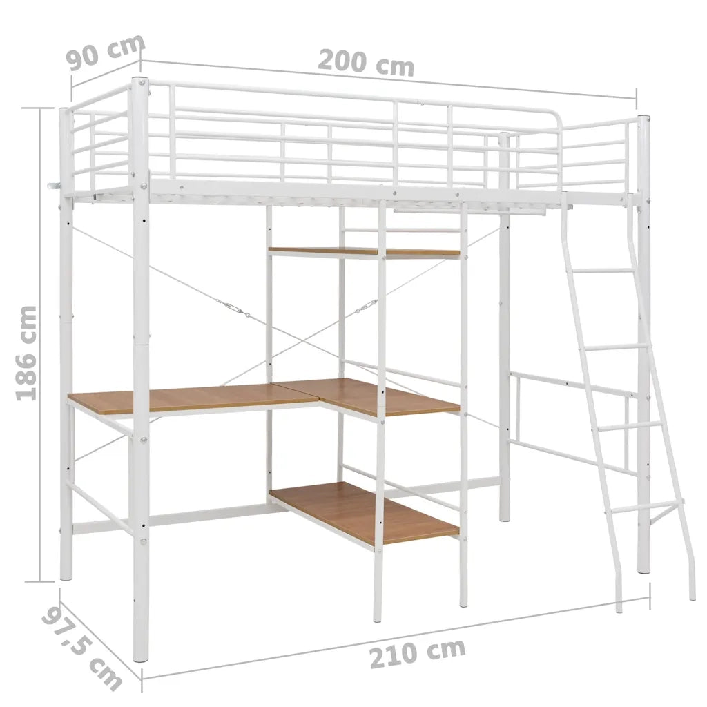 Letto singolo | Letto per adulti | Letto a Castello con Tavolino Bianco in Metallo 90x200 cm