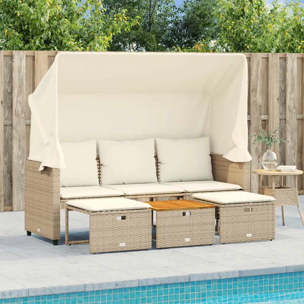 Divano Giardino 3 Posti Baldacchino e Sgabelli Beige Polyrattan 365455