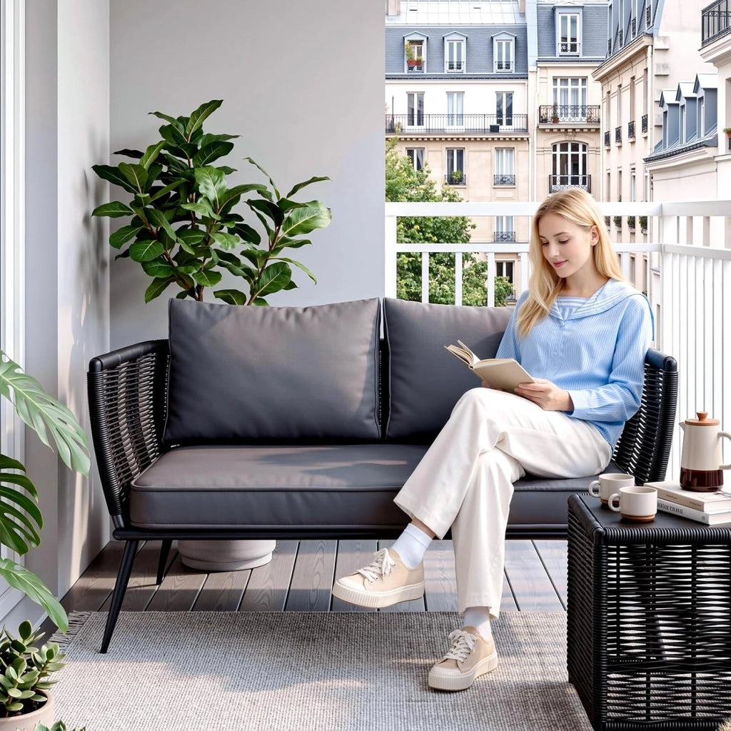 Divano in rattan a 2 posti, per balcone, nero, divano, piccolo balcone, giardino d'inverno, terrazza, mobili per interni ed esterni, resistente alle intemperie, panca con schienale