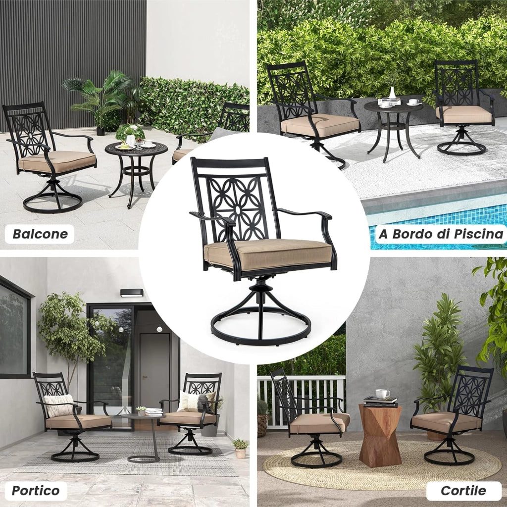 Sedie Girevoli per Giardino, Set di 2 Sedie da Esterno con Telaio in Metallo Resistente, Cuscino Morbido, Schienale a Motivo Floreale, Sedia Girevole per Giardino e Balcone