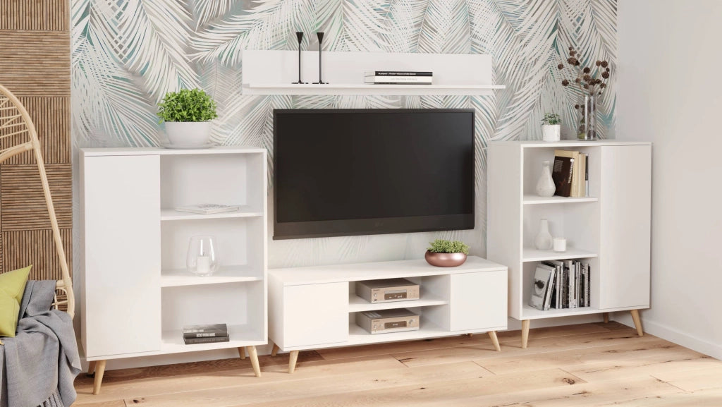Credenza a 1 anta e 2 Dvicin, Buffet con piedini, Madia da soggiorno in stile scandi, Libreria con scaffali, cm 40x90h116, colore Bianco