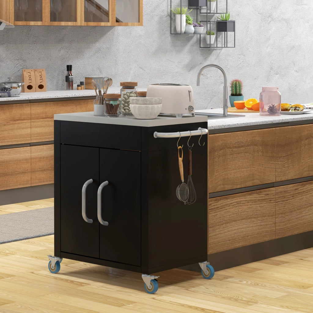 Carrello da Cucina in Acciaio Inox con Armadietto Contenitore e 6 Ganci. 86x50x86.5 cm. Nero