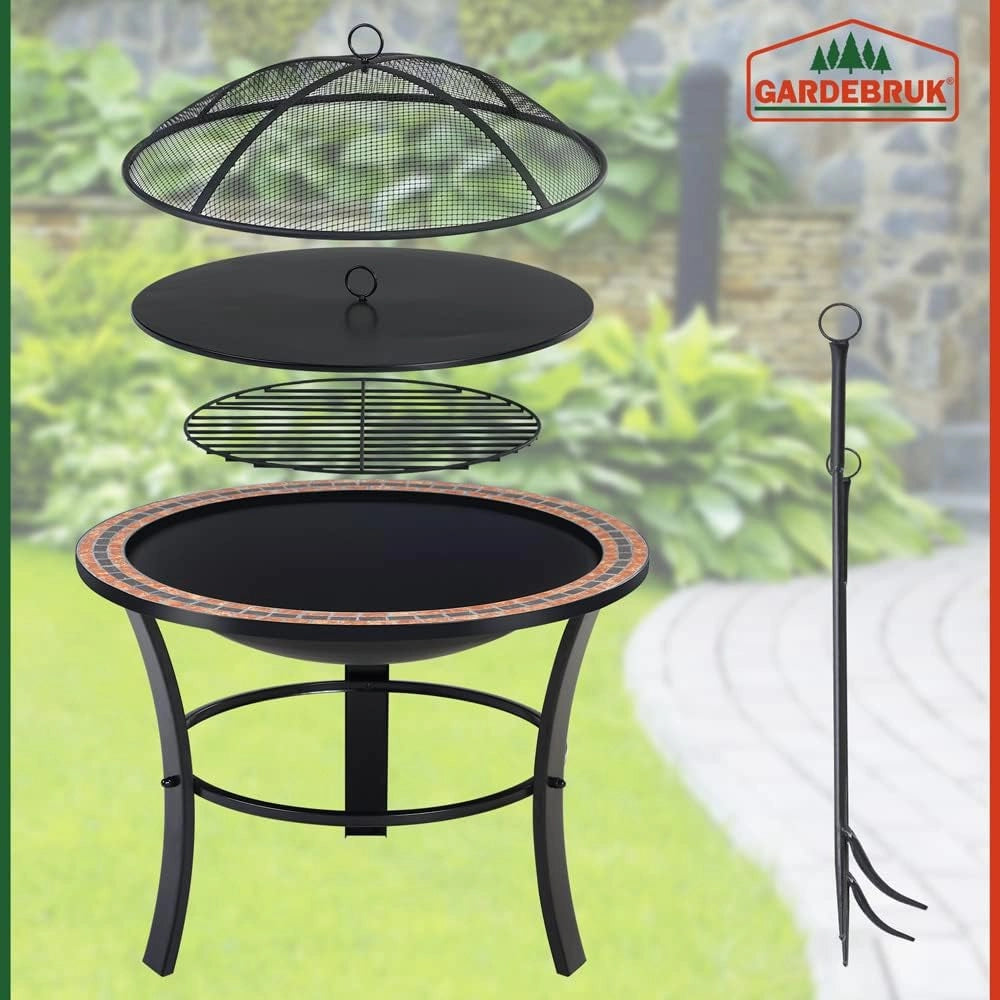 ® Braciere Rotondo Fuoco da Esterno Mosaico 76x76cm Parascintille Camino da Giardino Stufa Caminetto Patio