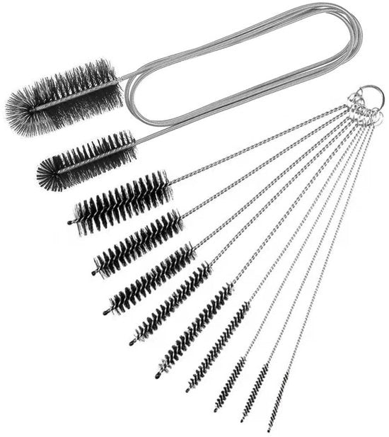 Set di spazzole per scarichi 10 pezzi - Set di spazzole flessibili con setole di canna - Spazzola per tubi - Spazzola di nylon per pulizia - Acciaio inossidabile - Adatto per uso domestico