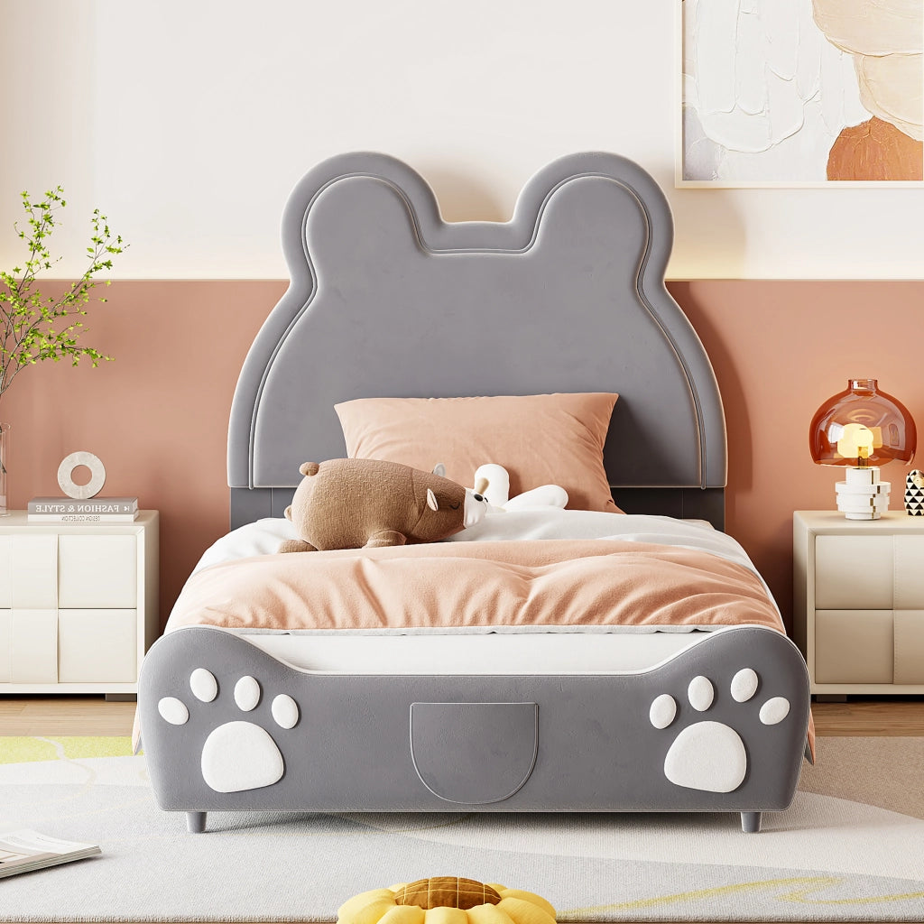 OKWISH Letto Bambino 90×200 cm, Letto Singolo con Testiera a Forma di Orso e Rivestimento in Velluto, senza Materasso, Grigio