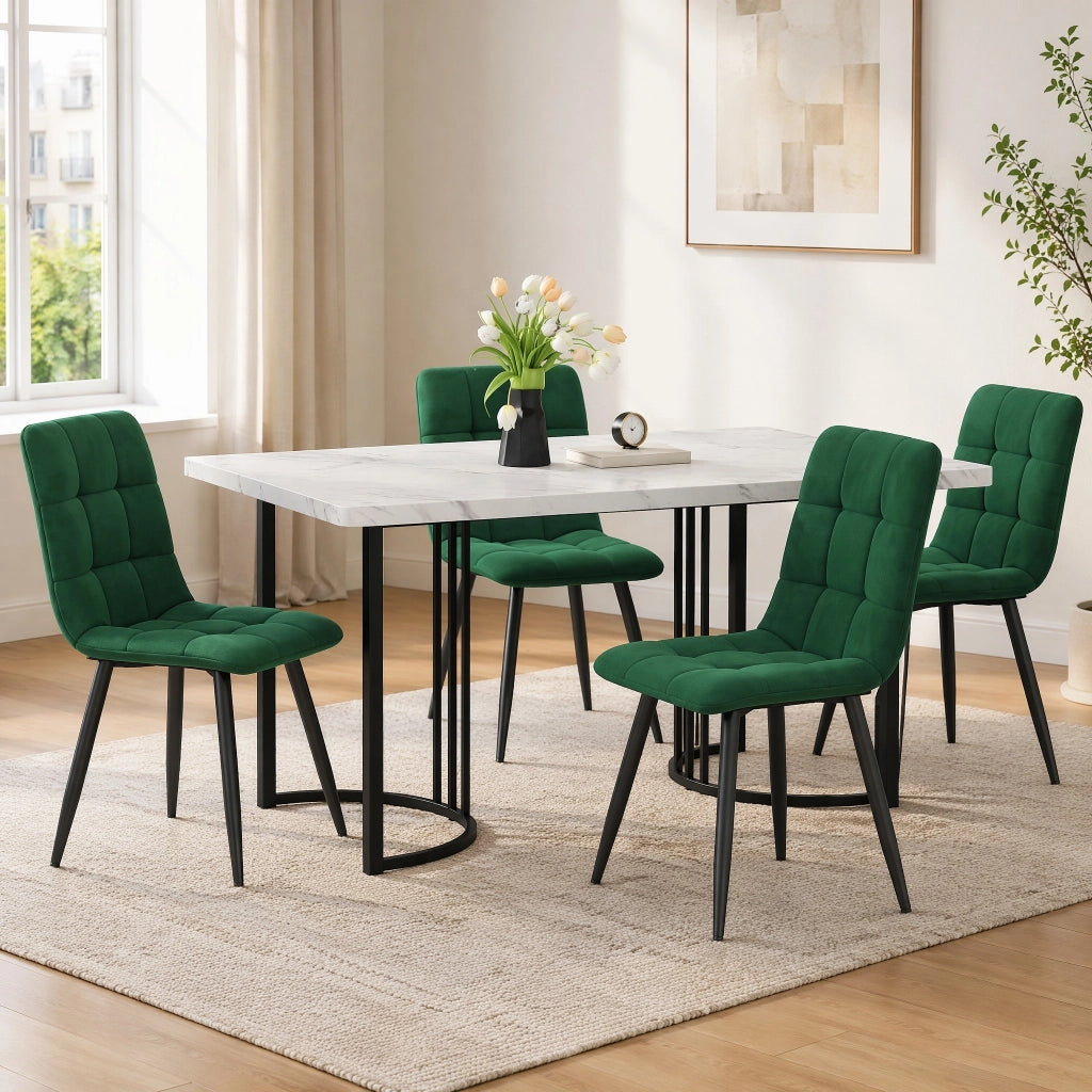 Set da pranzo 140x80 cm con tavolo effetto marmo; sedie in velluto; MDF bianco