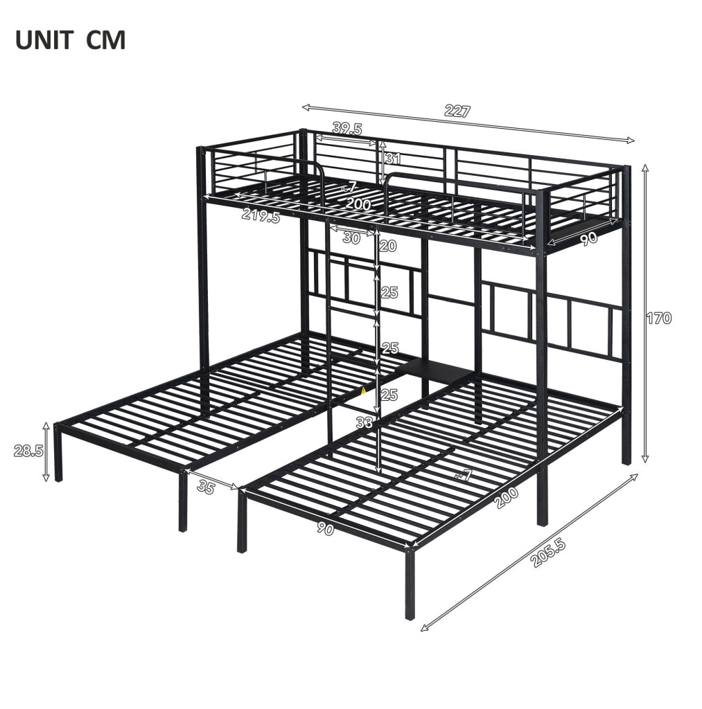 Letto a castello triplo in metallo nero 90x200 cm