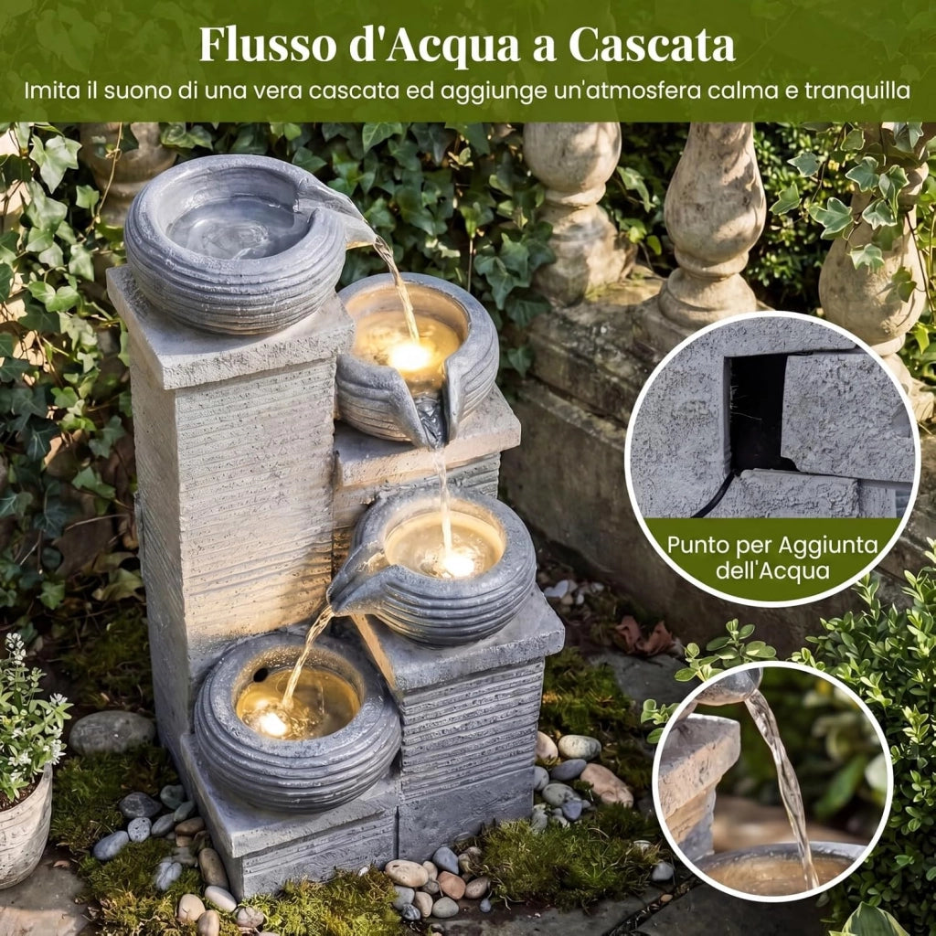 Fontana da Giardino a 4 Livelli, Fontana Cascata da Esterno in Resina con 3 Luci LED, Pompa Silenziosa e Velocità Regolabile, Fontanella Decorativa per Terrazze e Cortile, 28 x 22 x 58 cm