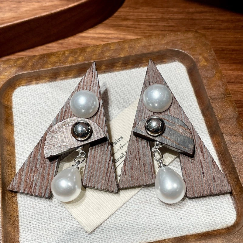 Orecchini pendenti in legno geometrici a triangolo, stile retr¨° autunno/inverno.