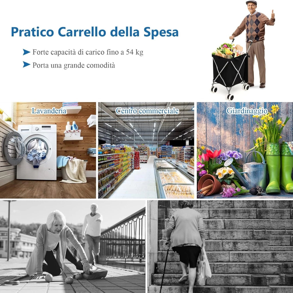Carrello Spesa Pieghevole con Ruote, Carrello Portaspesa con Fodera in Tessuto Oxford Rimovibile e Impermeabile, 90L, Capacità di peso 55 kg (Nero)