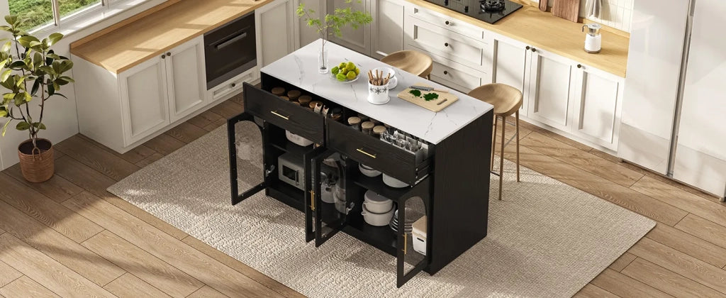 Isola da cucina nera con illuminazione LED, ampio piano di lavoro, cassetti, ripiani regolabili e ante ad arco trasparenti. Mobile freestanding per cucina e sala da pranzo