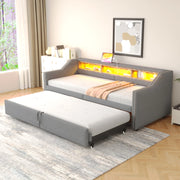 Divano letto estraibile con contenitori laterali, USB e struttura a doghe