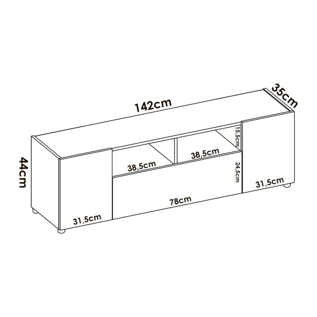Mobile porta TV Vulcano, Credenza bassa da soggiorno, Madia da salotto per televisione, 142x35h44 cm, Bianco e Rovere Nodi