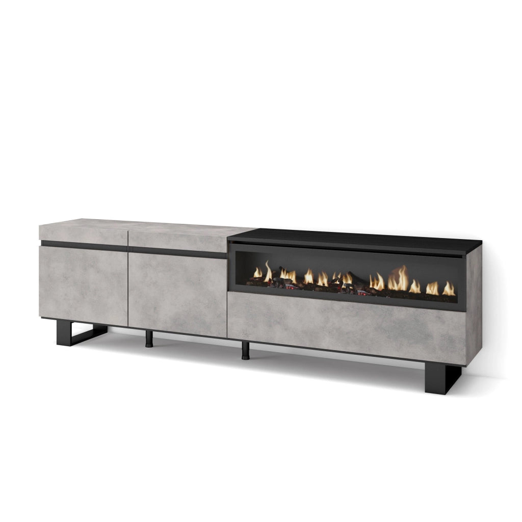 Mobile TV, 200x35x57cm, soggiorno, Per TV fino a 80", Camino elettrico, Design industriale, grigio cemento RF2230