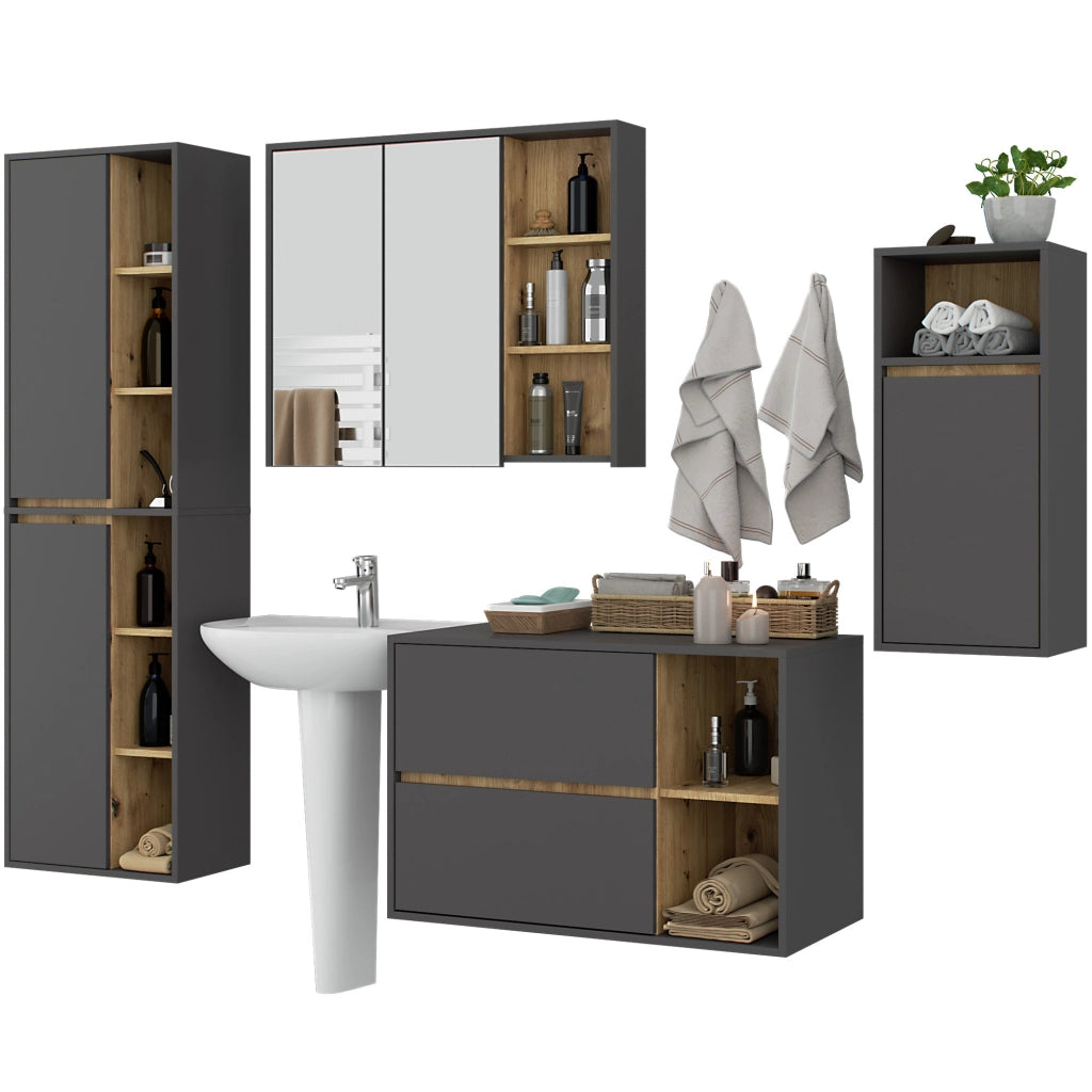 Set di mobili da bagno sospesi VAMI in Grigio Grafite con colore interno Rovere Artisan