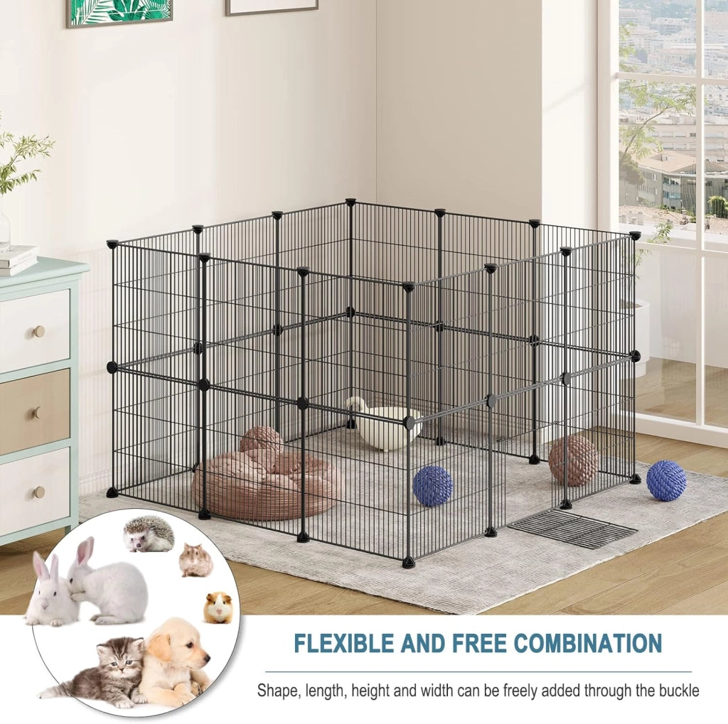 Recinto per Conigli, Recinto per Conigli con Porta da Interno, Box per Piccoli Animali, Recinzione Modulare per Conigli,Criceti,Animali Piccoli 24 Pannelli (35x35cm/Pannello) Nero